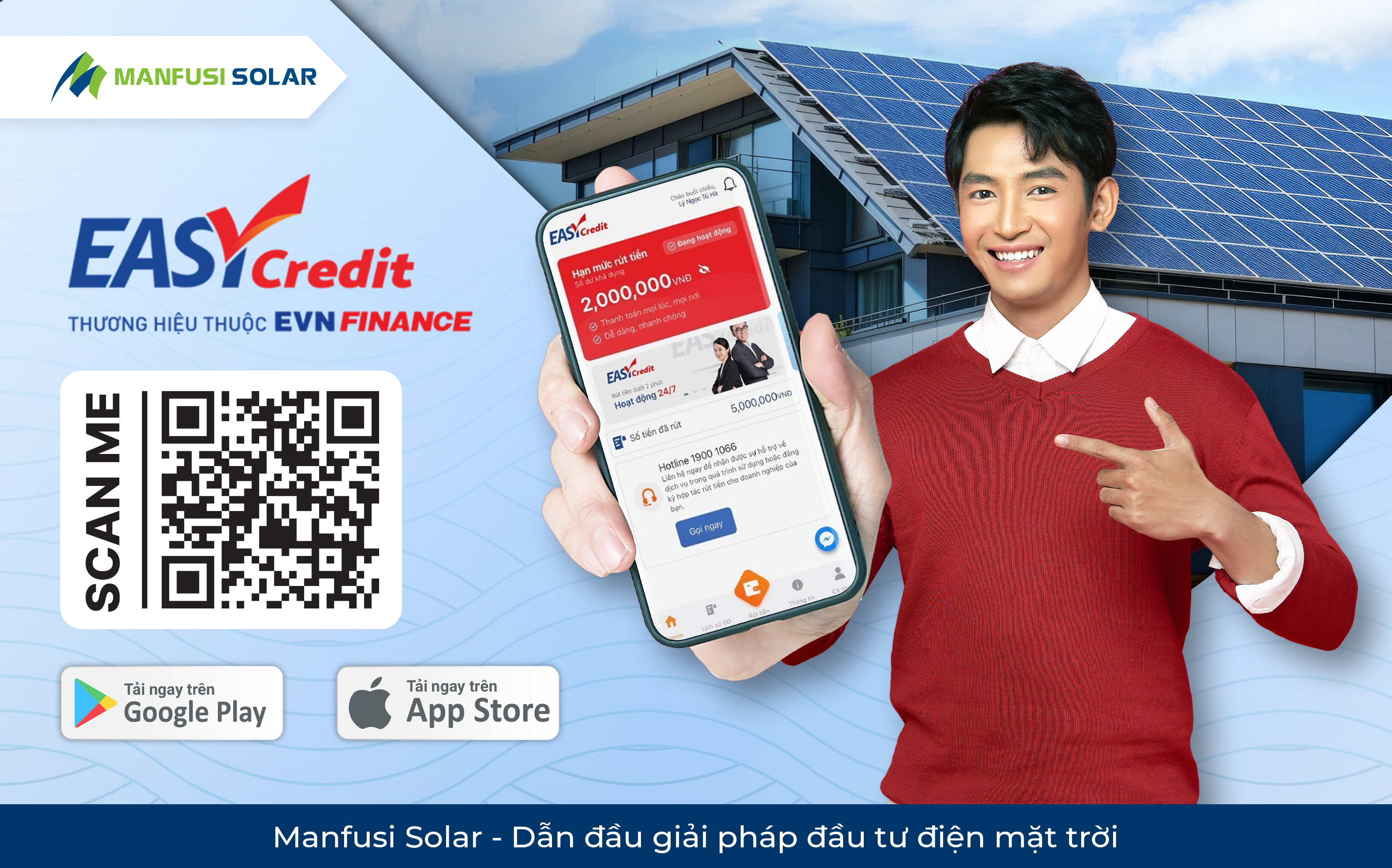 Ảnh minh họa cách tải ứng dụng Easy Credit từ App Store và Google Play để đăng ký vay điện mặt trời trả góp.